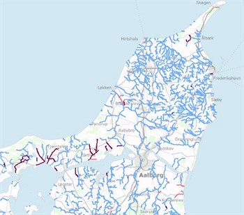 Kort Nordjylland vandløb udpeget i vandplanerne
